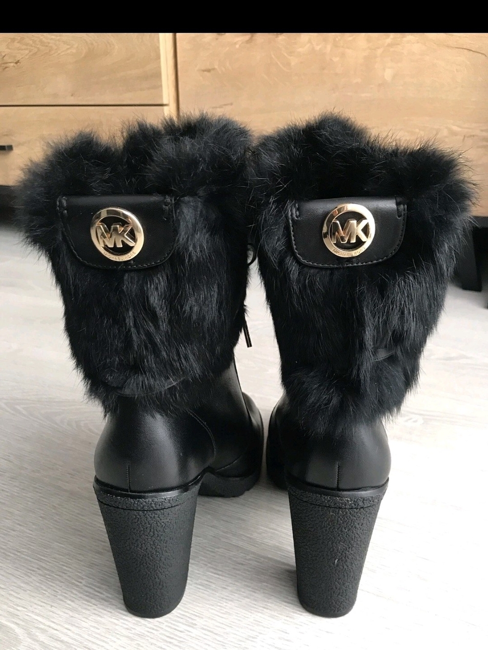 Michael Kors Black Faux Fur Logo Heeled Ankle Booties